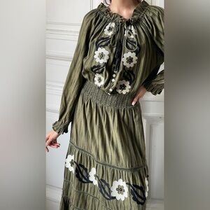Miss June Khaki Embroidered floral maxi dress - OS​